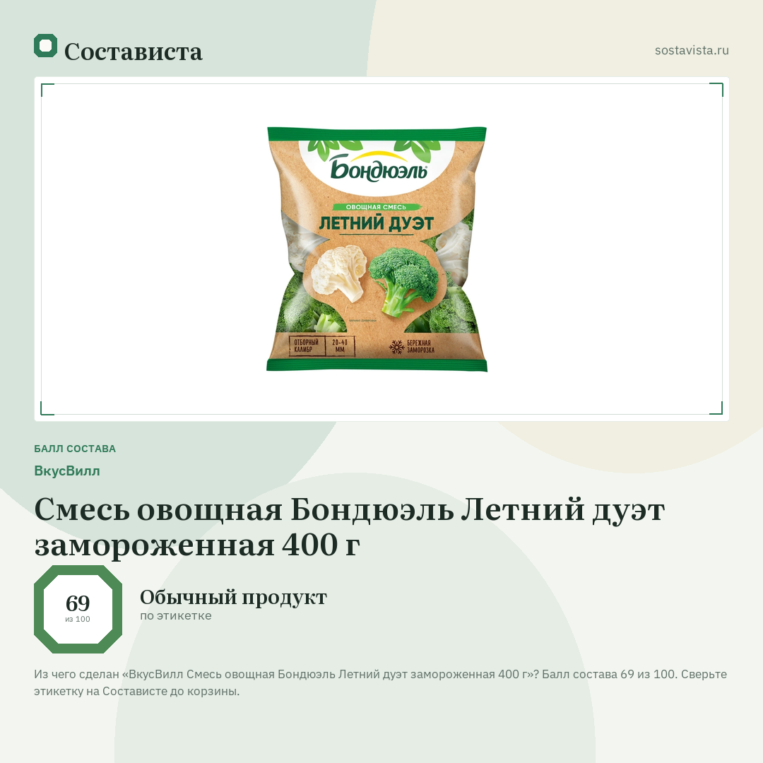 ВкусВилл Смесь овощная Бондюэль Летний дуэт замороженная 400 г: балл состава 69 из 100 — Состависта