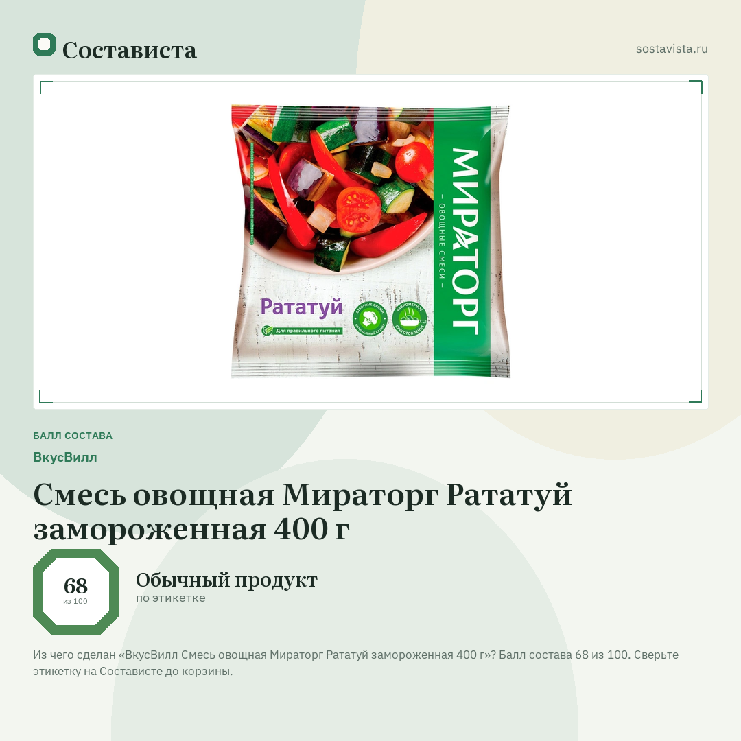 ВкусВилл Смесь овощная Мираторг Рататуй замороженная 400 г: балл состава 68 из 100 — Состависта