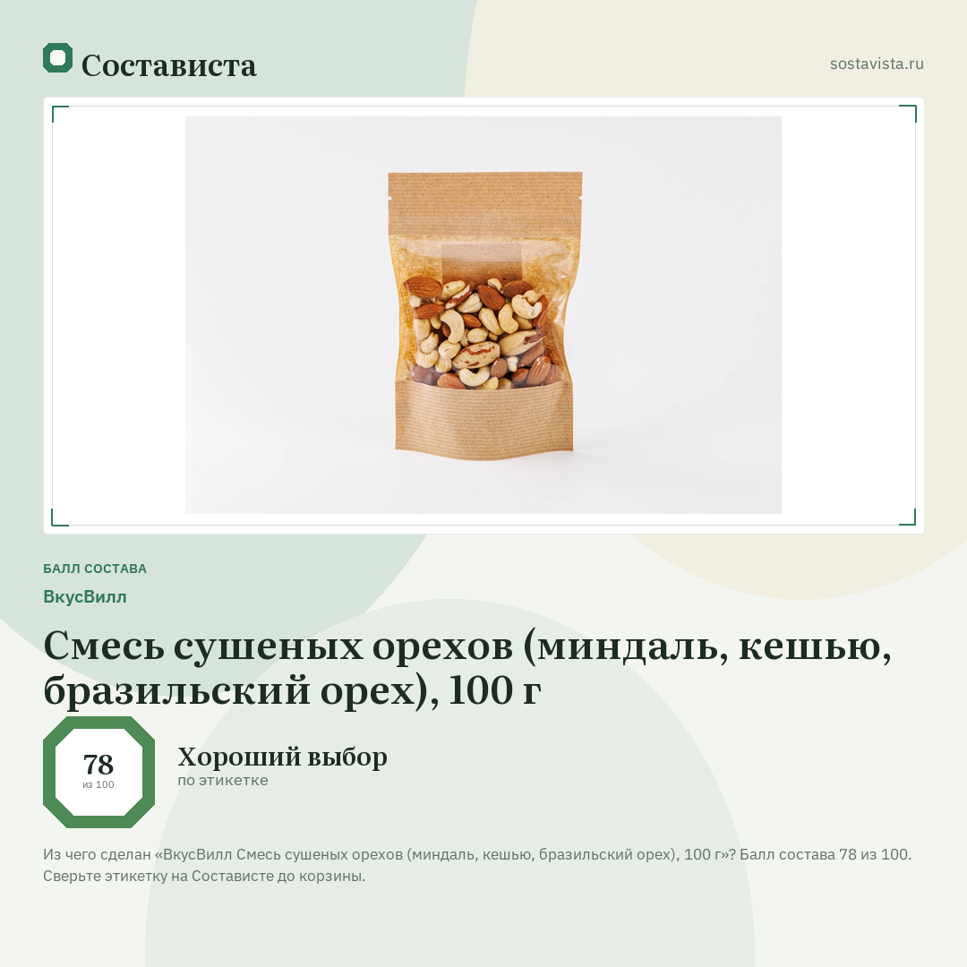ВкусВилл Смесь сушеных орехов (миндаль, кешью, бразильский орех), 100 г: балл состава 78 из 100 — Состависта