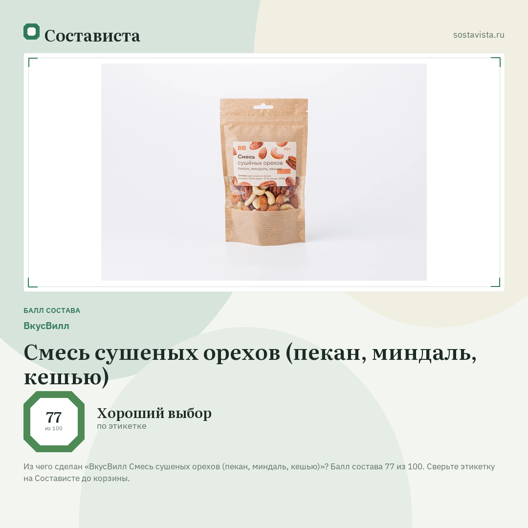 ВкусВилл Смесь сушеных орехов (пекан, миндаль, кешью): балл состава 77 из 100 — Состависта