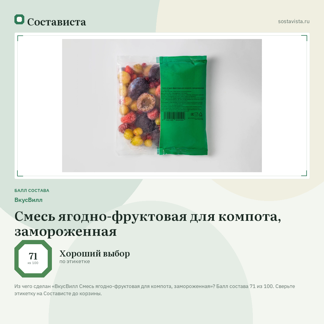 ВкусВилл Смесь ягодно-фруктовая для компота, замороженная: балл состава 71 из 100 — Состависта
