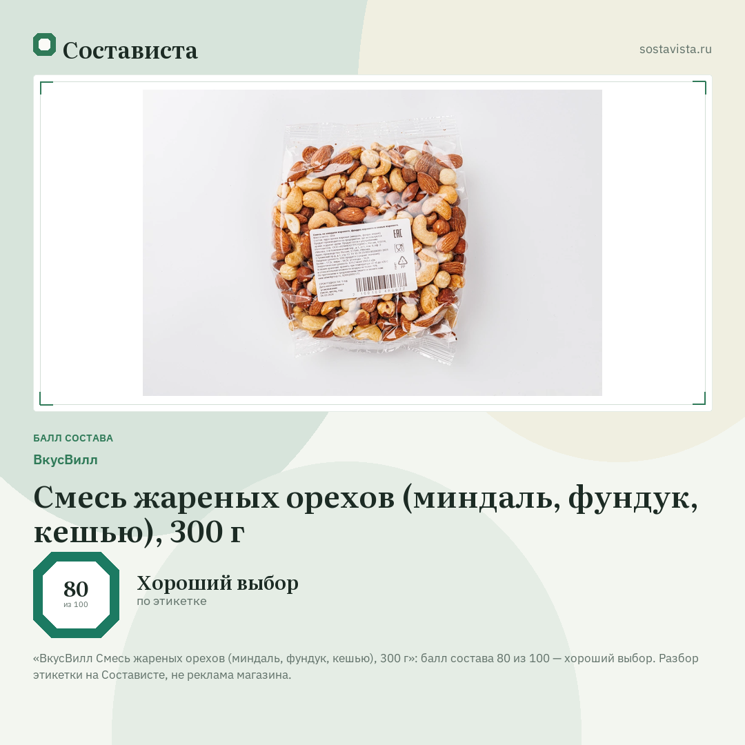 ВкусВилл Смесь жареных орехов (миндаль, фундук, кешью), 300 г: балл состава 80 из 100 — Состависта