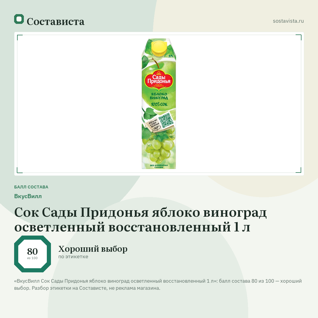 ВкусВилл Сок Сады Придонья яблоко виноград осветленный восстановленный 1 л: балл состава 80 из 100 — Состависта