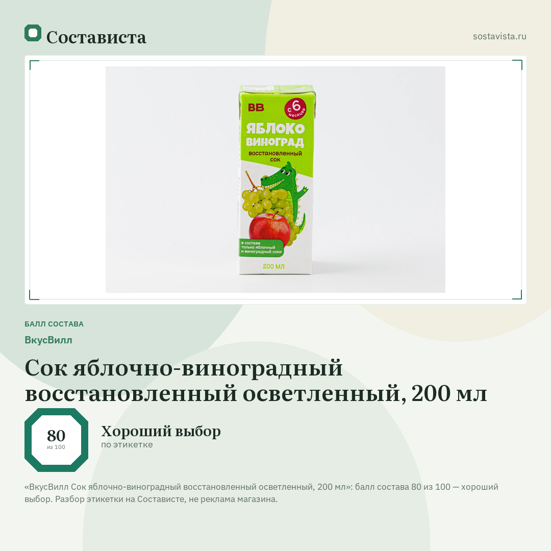 ВкусВилл Сок яблочно-виноградный восстановленный осветленный, 200 мл: балл состава 80 из 100 — Состависта