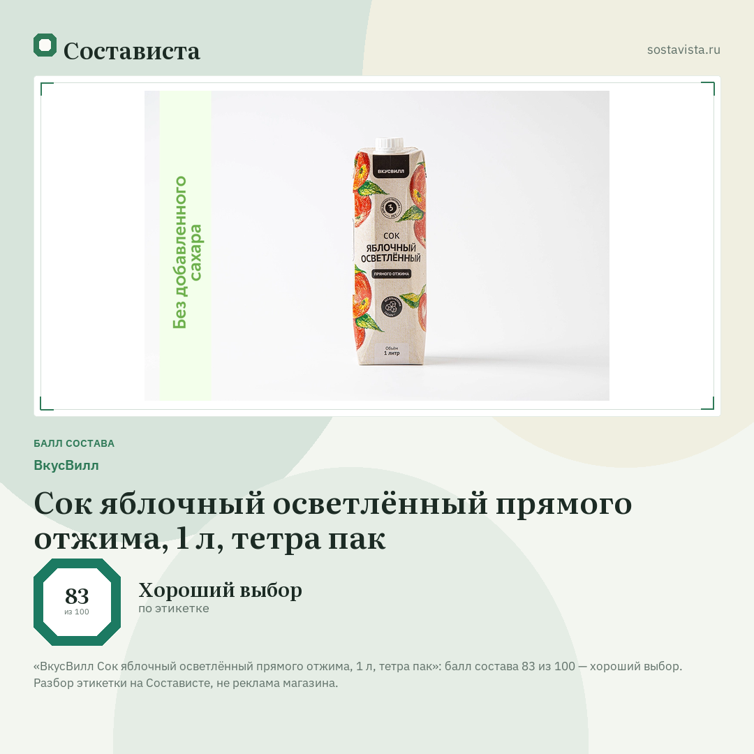 ВкусВилл Сок яблочный осветлённый прямого отжима, 1 л, тетра пак: балл состава 83 из 100 — Состависта