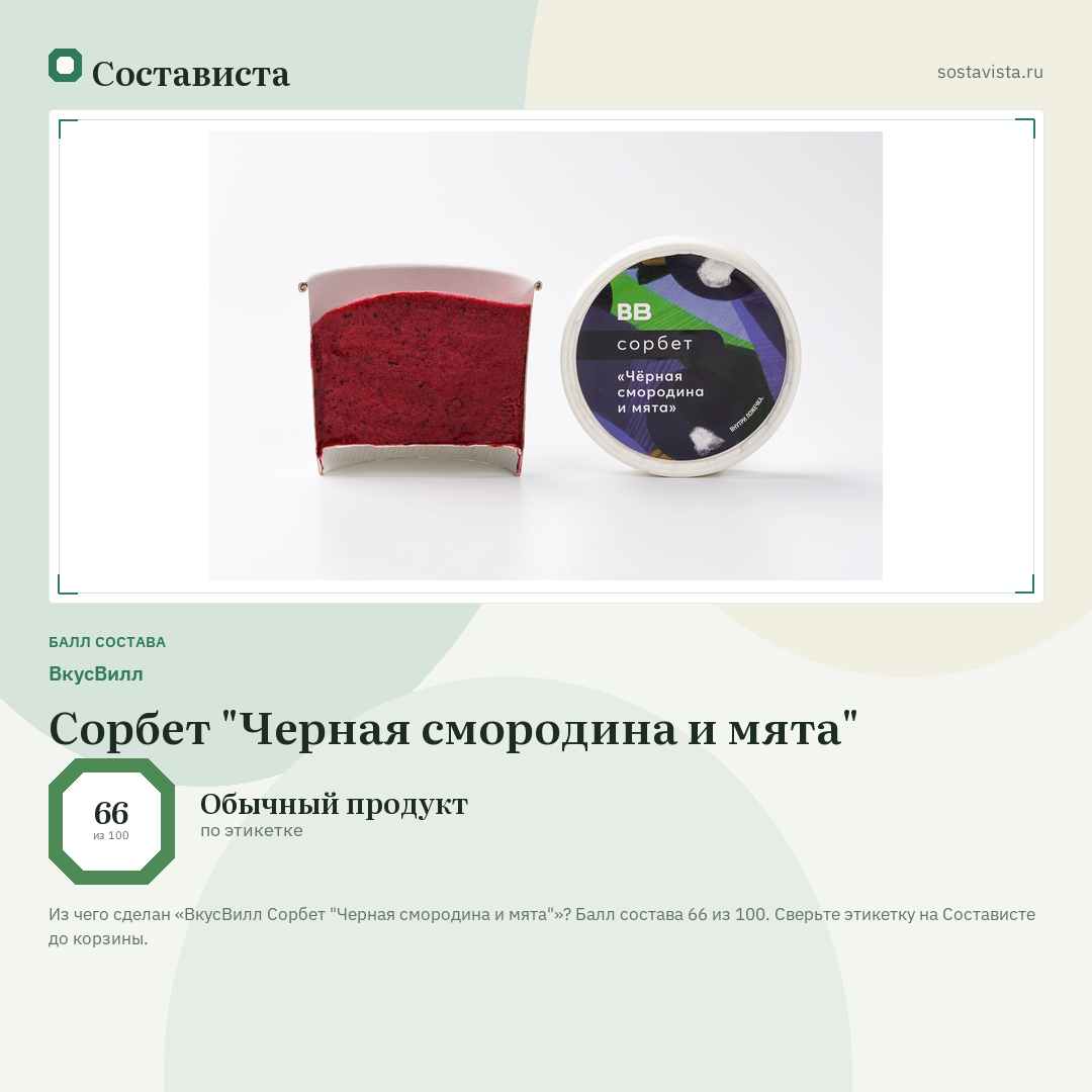 ВкусВилл Сорбет "Черная смородина и мята": балл состава 66 из 100 — Состависта