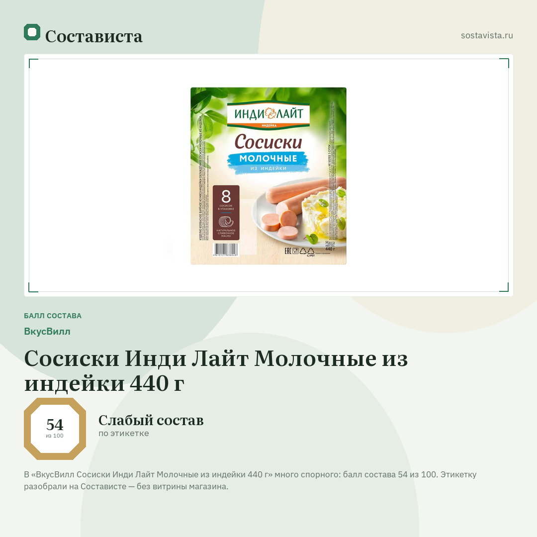 ВкусВилл Сосиски Инди Лайт Молочные из индейки 440 г: балл состава 54 из 100 — Состависта