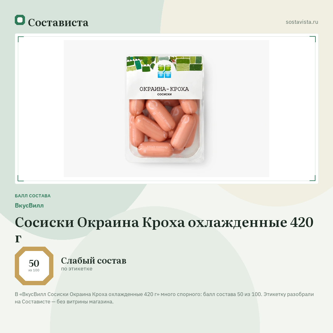 ВкусВилл Сосиски Окраина Кроха охлажденные 420 г: балл состава 50 из 100 — Состависта