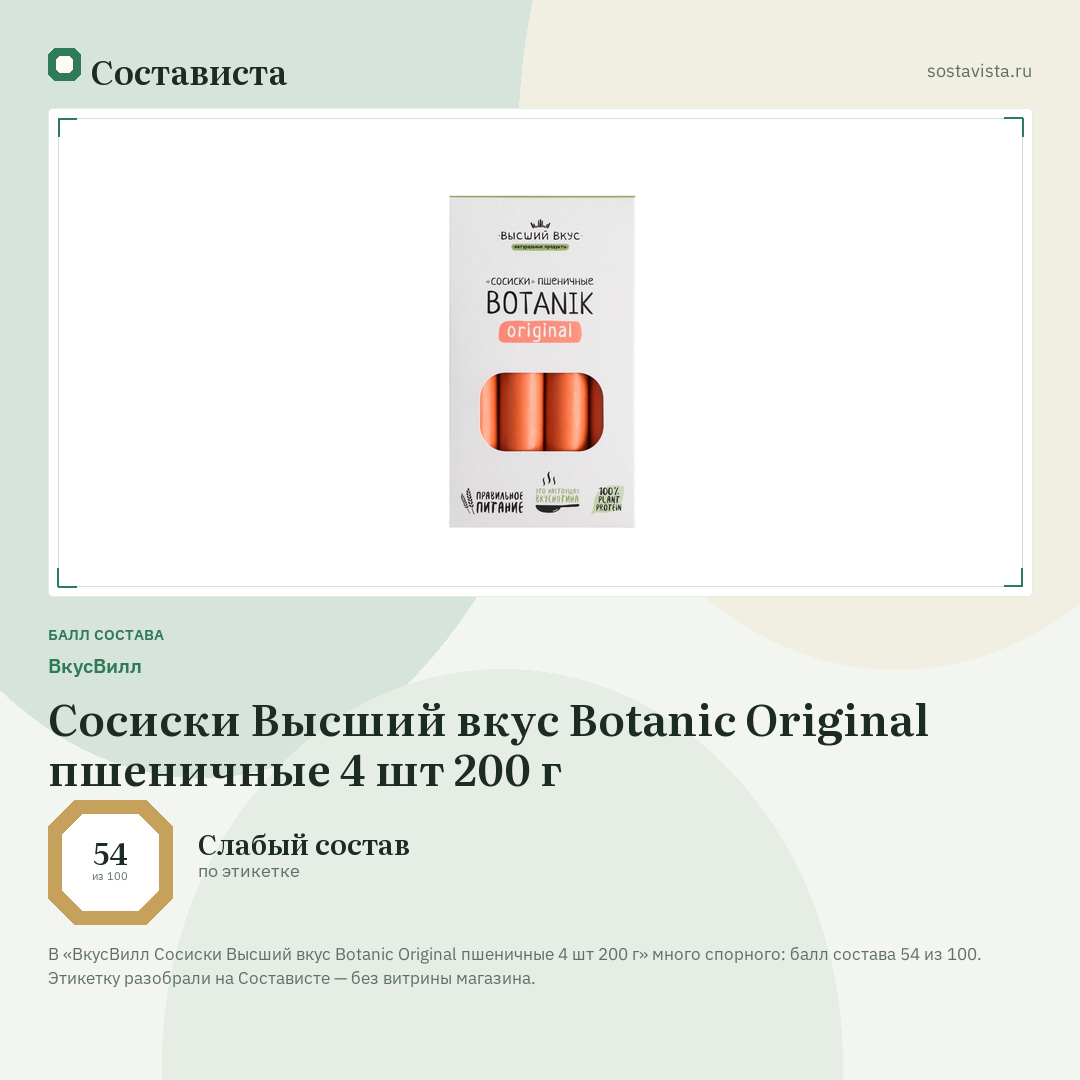 ВкусВилл Сосиски Высший вкус Botanic Original пшеничные 4 шт 200 г: балл состава 54 из 100 — Состависта