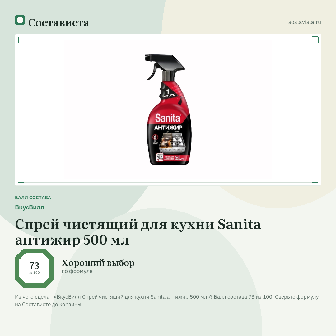 ВкусВилл Спрей чистящий для кухни Sanita антижир 500 мл: балл состава 73 из 100 — Состависта