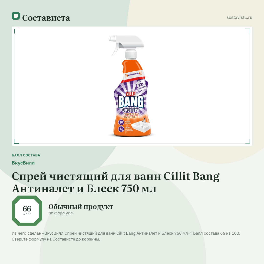ВкусВилл Спрей чистящий для ванн Cillit Bang Антиналет и Блеск 750 мл: балл состава 66 из 100 — Состависта