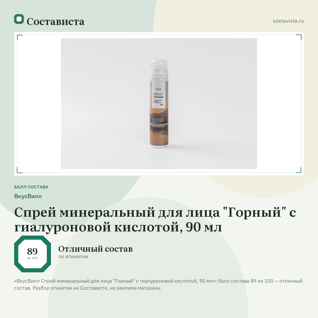 ВкусВилл Спрей минеральный для лица "Горный" с гиалуроновой кислотой, 90 мл: балл состава 89 из 100 — Состависта