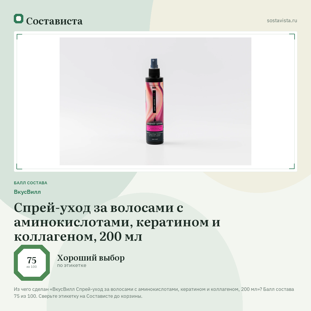 ВкусВилл Спрей-уход за волосами с аминокислотами, кератином и коллагеном, 200 мл: балл состава 75 из 100 — Состависта