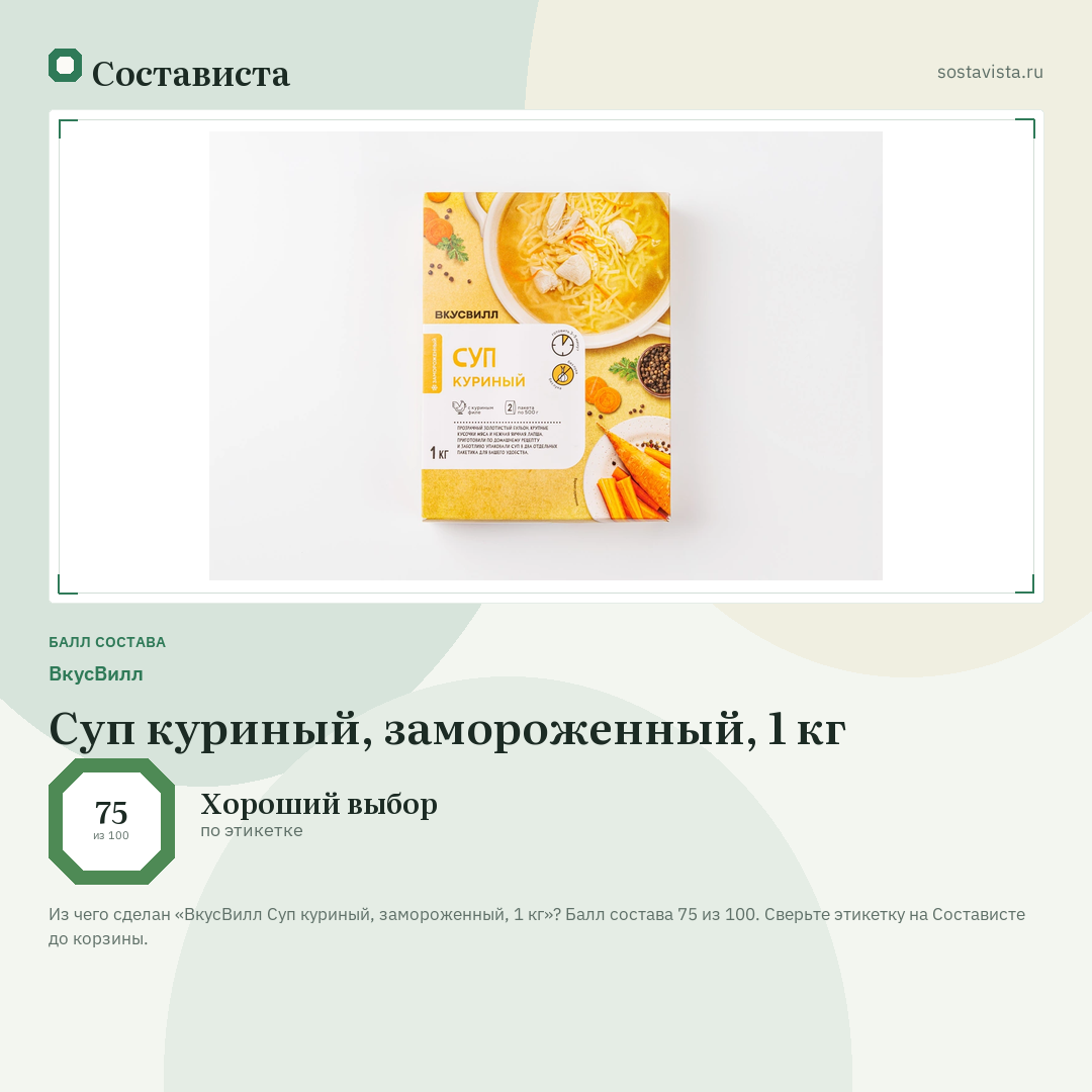 ВкусВилл Суп куриный, замороженный, 1 кг: балл состава 75 из 100 — Состависта