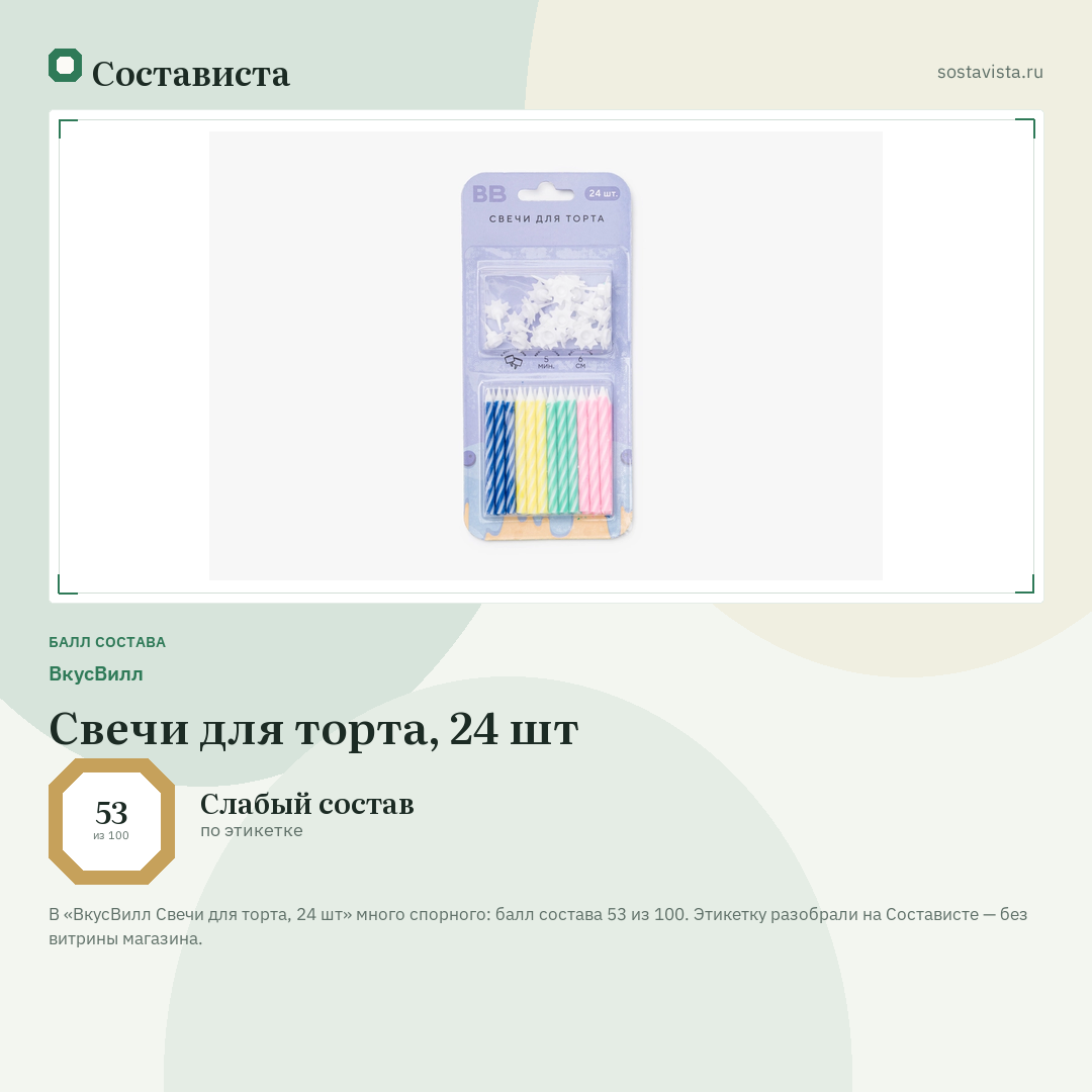 ВкусВилл Свечи для торта, 24 шт: балл состава 53 из 100 — Состависта