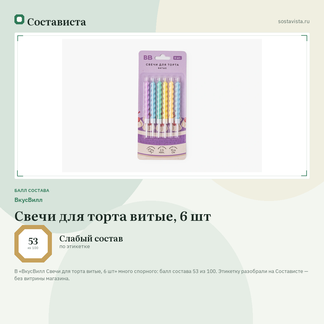 ВкусВилл Свечи для торта витые, 6 шт: балл состава 53 из 100 — Состависта