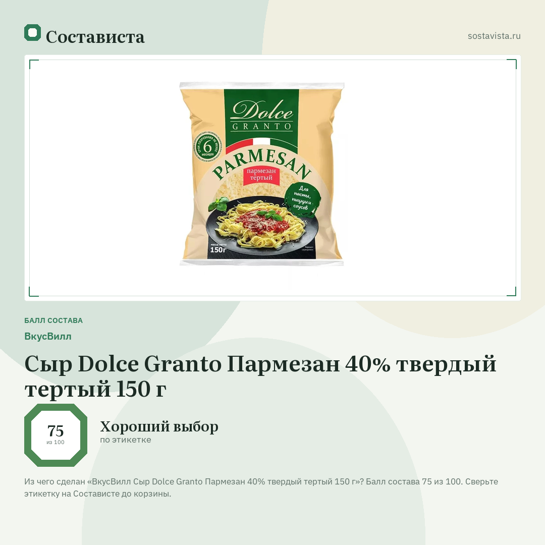 ВкусВилл Сыр Dolce Granto Пармезан 40% твердый тертый 150 г: балл состава 75 из 100 — Состависта