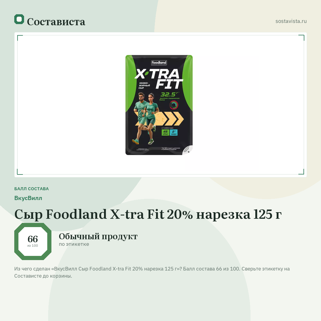 ВкусВилл Сыр Foodland X-tra Fit 20% нарезка 125 г: балл состава 66 из 100 — Состависта