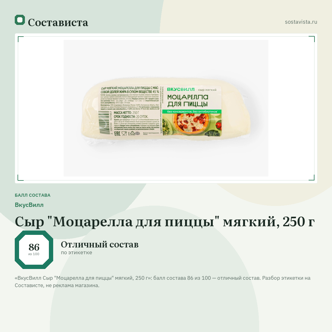 ВкусВилл Сыр "Моцарелла для пиццы" мягкий, 250 г: балл состава 86 из 100 — Состависта