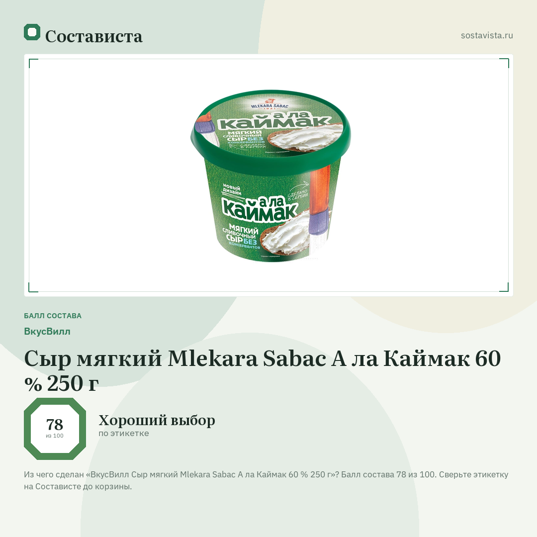 ВкусВилл Сыр мягкий Mlekara Sabac А ла Каймак 60 % 250 г: балл состава 78 из 100 — Состависта
