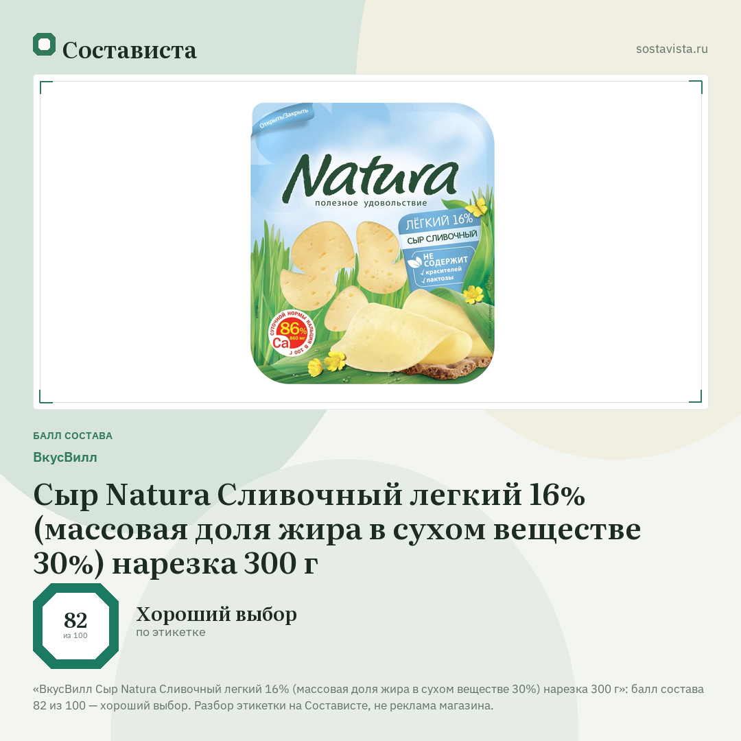 ВкусВилл Сыр Natura Сливочный легкий 16% (массовая доля жира в сухом веществе 30%) нарезка 300 г: балл состава 82 из 100 — Состависта