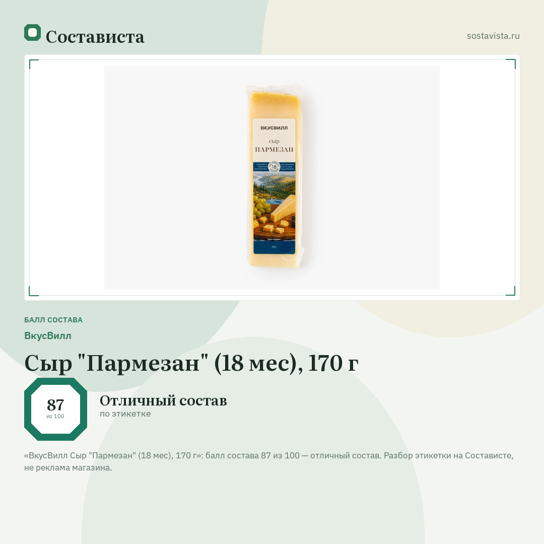 ВкусВилл Сыр "Пармезан" (18 мес), 170 г: балл состава 87 из 100 — Состависта
