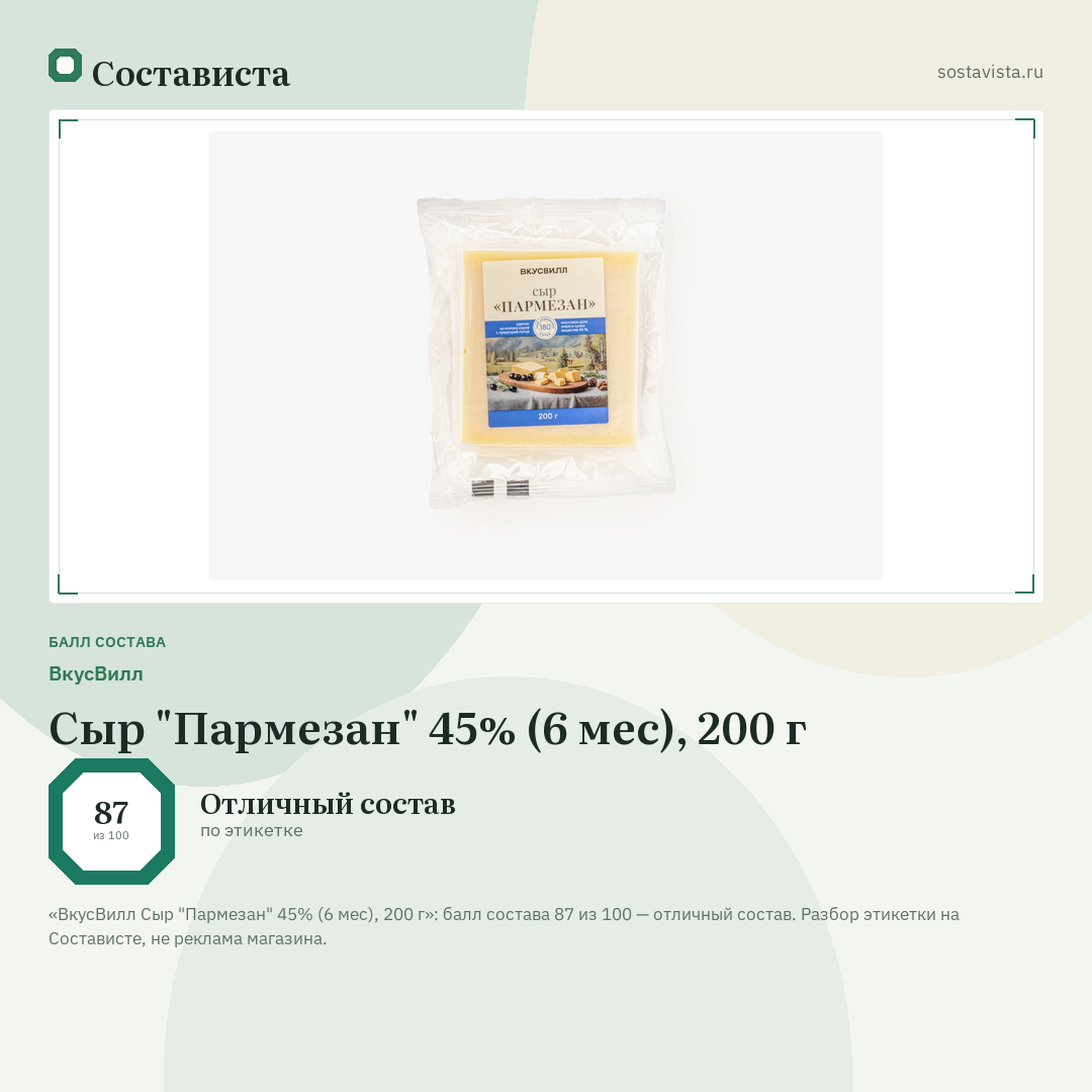 ВкусВилл Сыр "Пармезан" 45% (6 мес), 200 г: балл состава 87 из 100 — Состависта