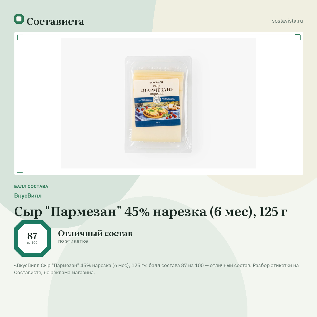 ВкусВилл Сыр "Пармезан" 45% нарезка (6 мес), 125 г: балл состава 87 из 100 — Состависта