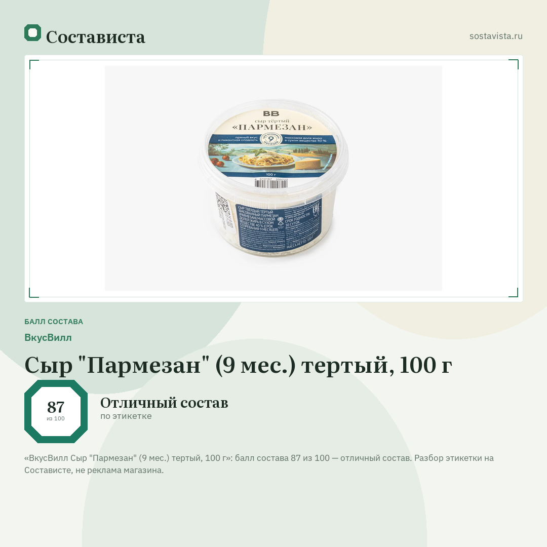 ВкусВилл Сыр "Пармезан" (9 мес.) тертый, 100 г: балл состава 87 из 100 — Состависта
