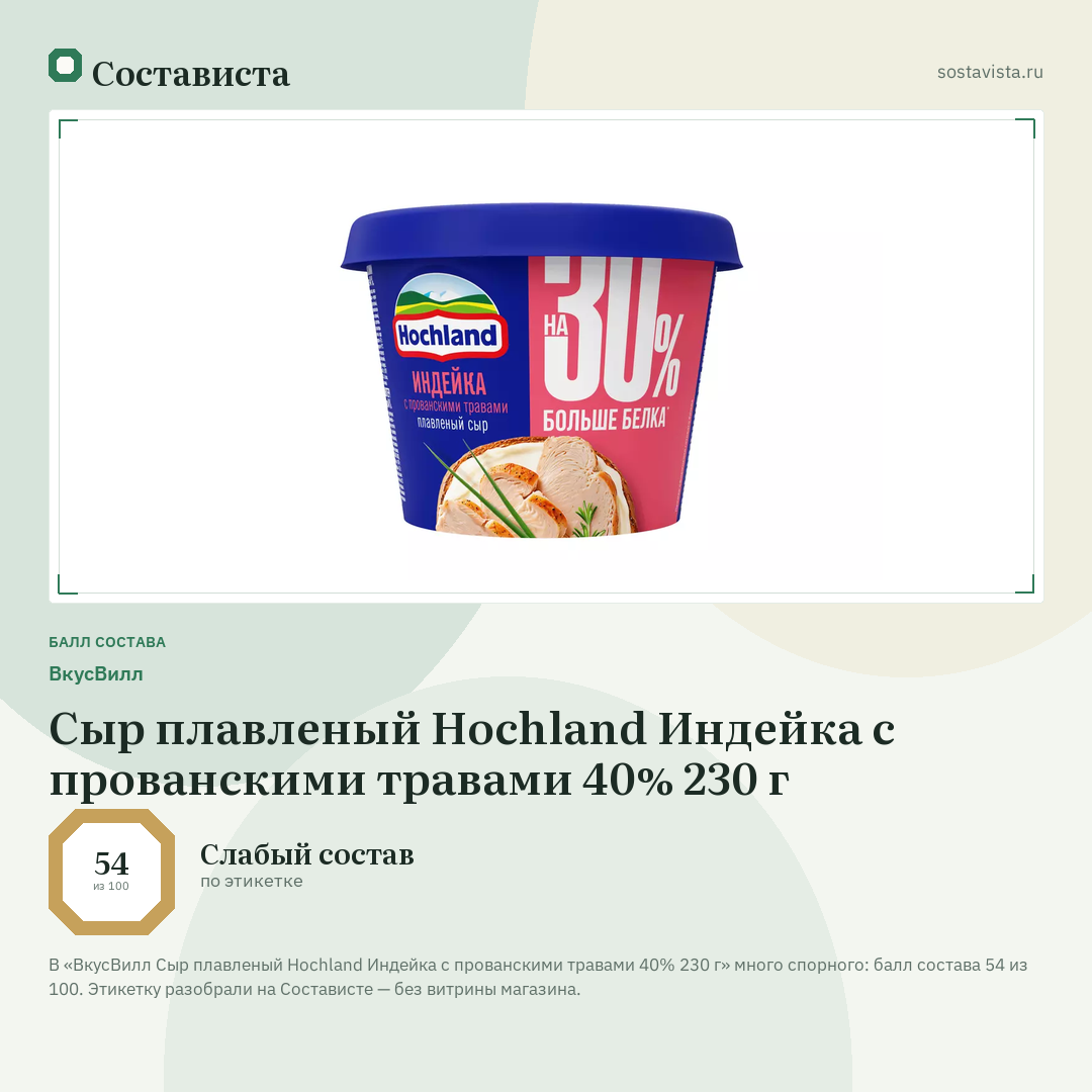 ВкусВилл Сыр плавленый Hochland Индейка с прованскими травами 40% 230 г: балл состава 54 из 100 — Состависта