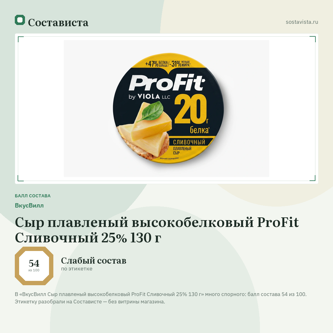 ВкусВилл Сыр плавленый высокобелковый ProFit Сливочный 25% 130 г: балл состава 54 из 100 — Состависта