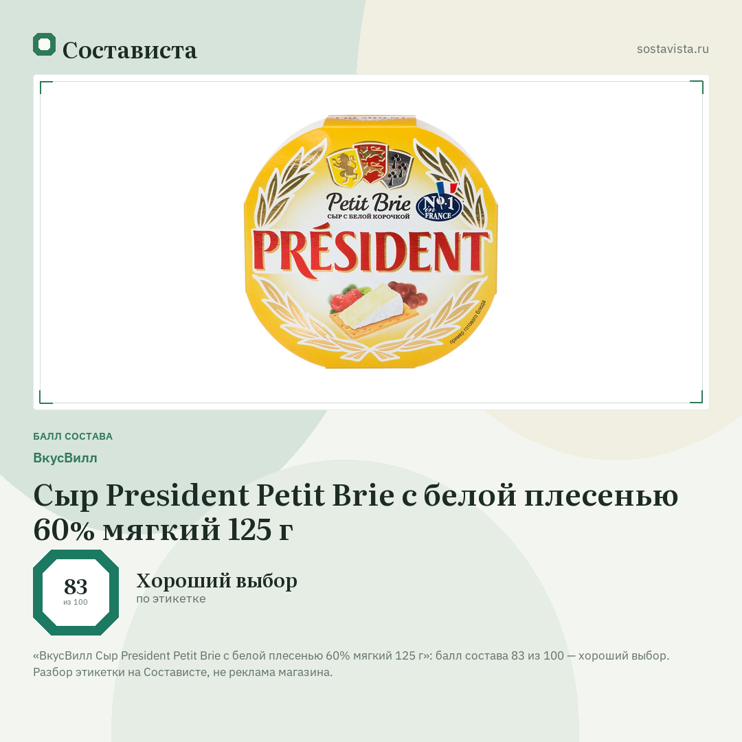 ВкусВилл Сыр President Petit Brie с белой плесенью 60% мягкий 125 г: балл состава 83 из 100 — Состависта