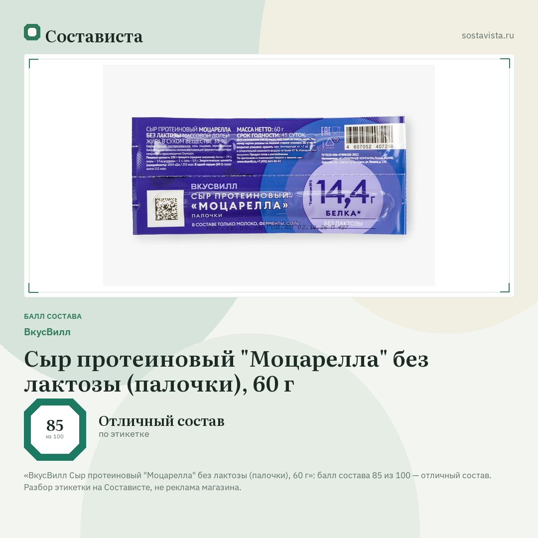 ВкусВилл Сыр протеиновый "Моцарелла" без лактозы (палочки), 60 г: балл состава 85 из 100 — Состависта