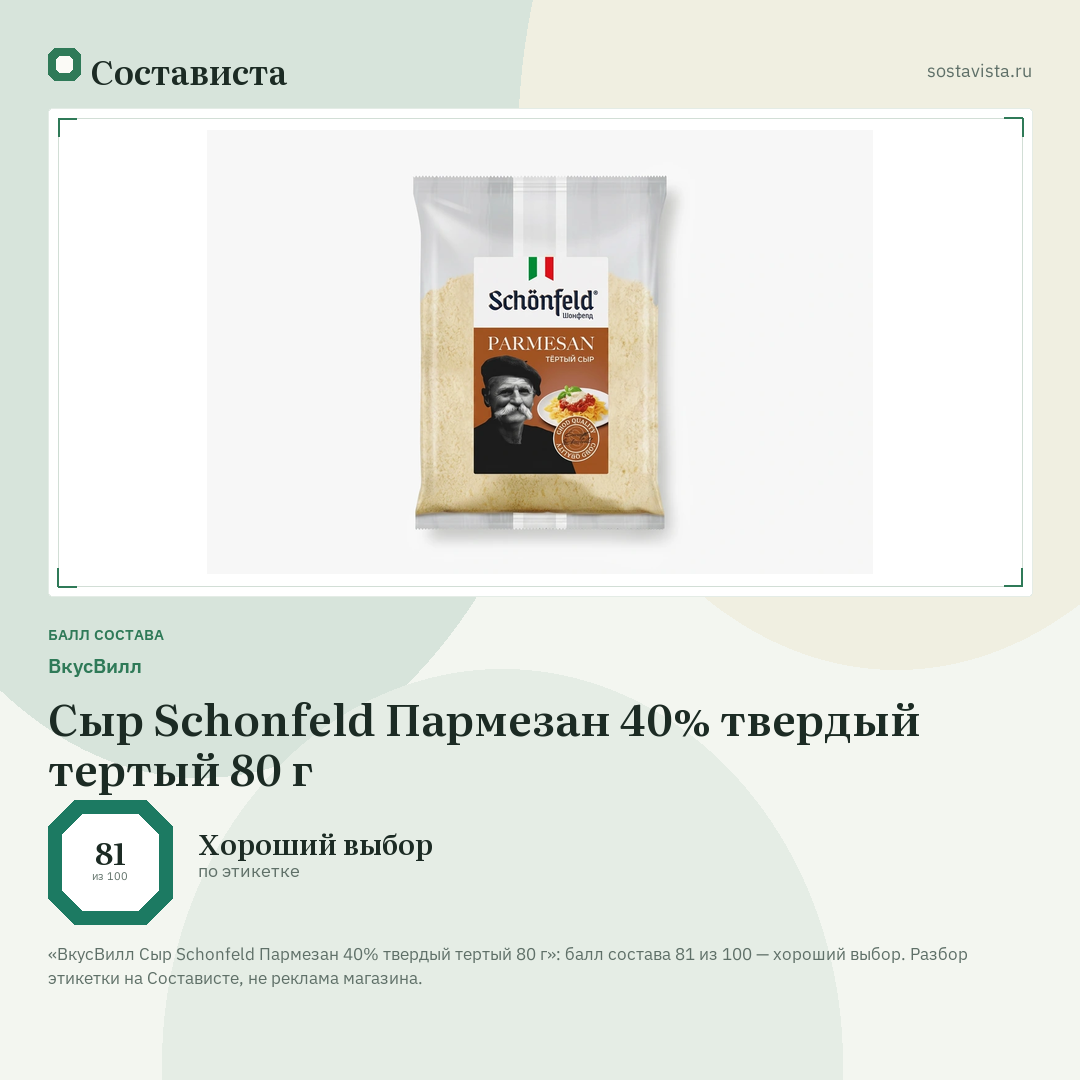 ВкусВилл Сыр Schonfeld Пармезан 40% твердый тертый 80 г: балл состава 81 из 100 — Состависта
