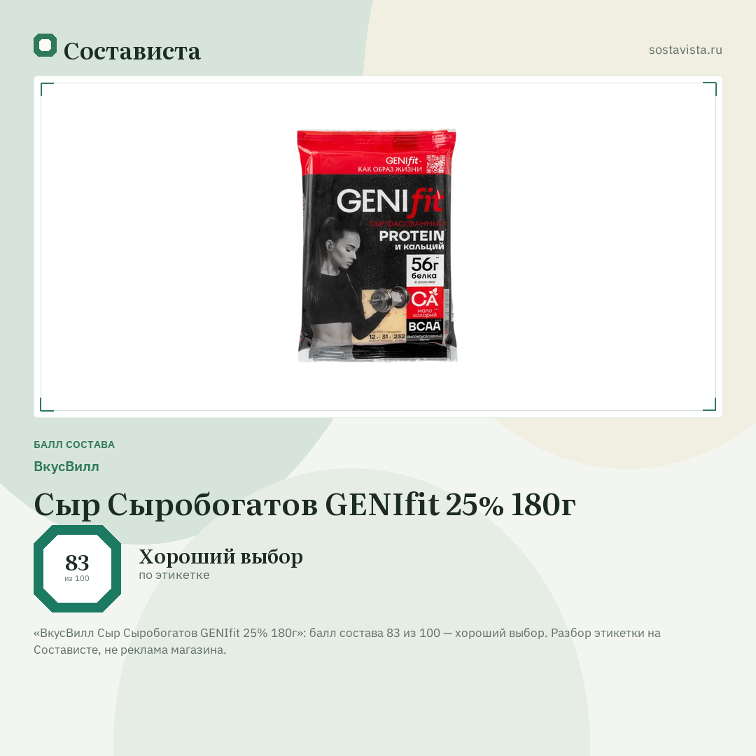 ВкусВилл Сыр Сыробогатов GENIfit 25% 180г: балл состава 83 из 100 — Состависта