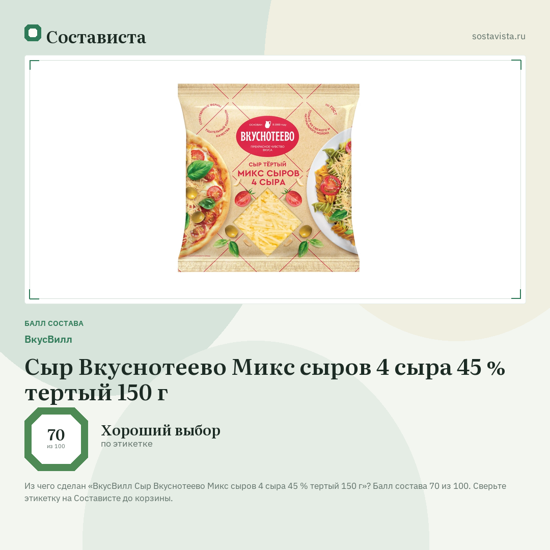 ВкусВилл Сыр Вкуснотеево Микс сыров 4 сыра 45 % тертый 150 г: балл состава 70 из 100 — Состависта