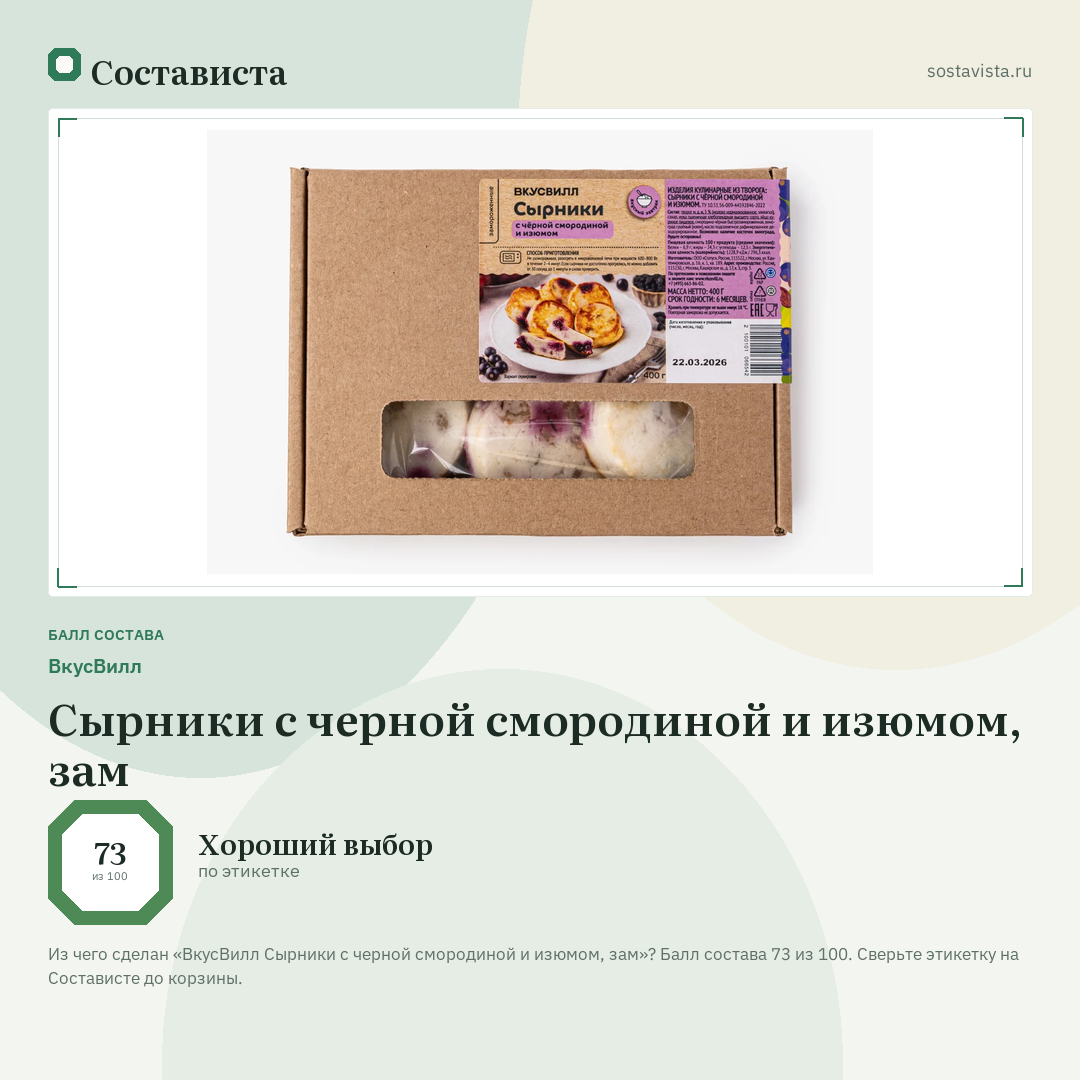 ВкусВилл Сырники с черной смородиной и изюмом, зам: балл состава 73 из 100 — Состависта
