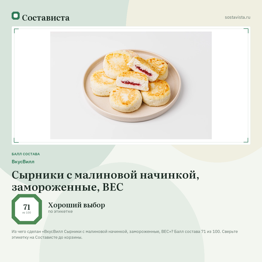 ВкусВилл Сырники с малиновой начинкой, замороженные, ВЕС: балл состава 71 из 100 — Состависта
