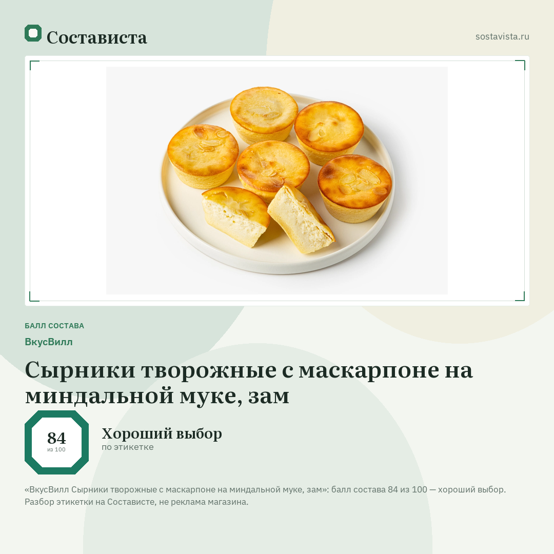 ВкусВилл Сырники творожные с маскарпоне на миндальной муке, зам: балл состава 84 из 100 — Состависта