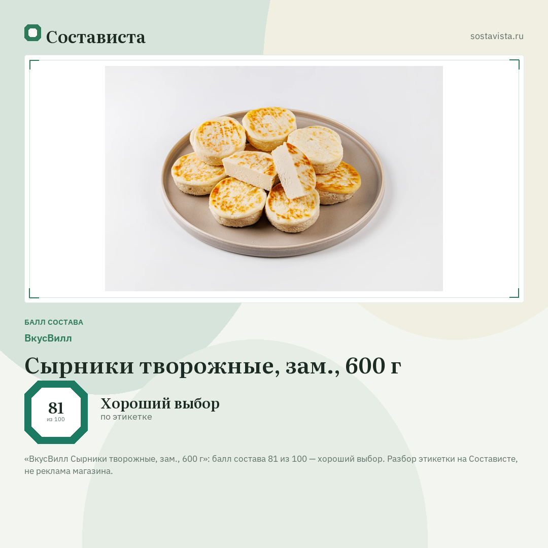 ВкусВилл Сырники творожные, зам., 600 г: балл состава 81 из 100 — Состависта