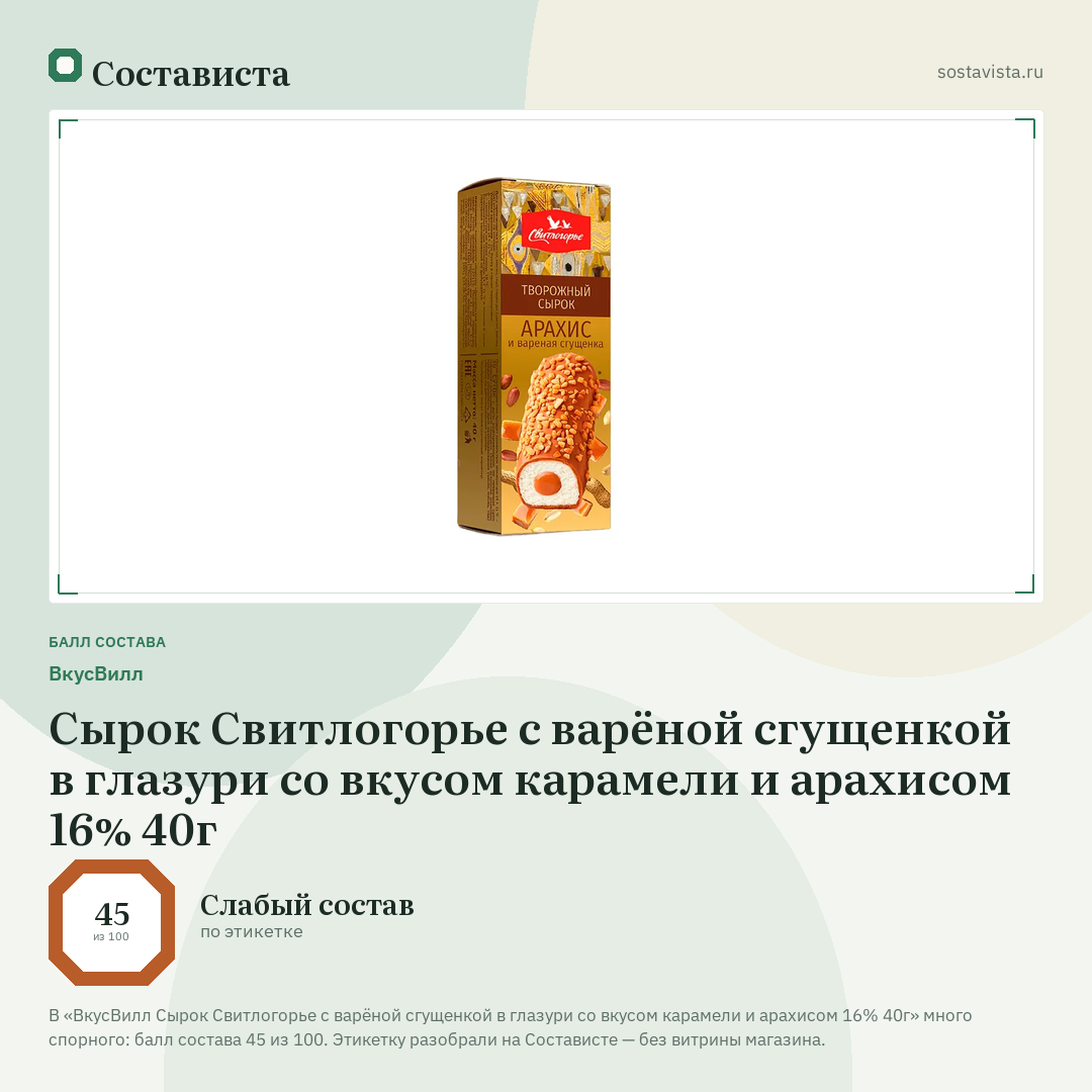 ВкусВилл Сырок Свитлогорье с варёной сгущенкой в глазури со вкусом карамели и арахисом 16% 40г: балл состава 45 из 100 — Состависта