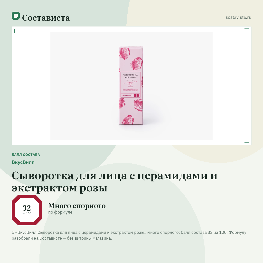 ВкусВилл Сыворотка для лица с церамидами и экстрактом розы: балл состава 32 из 100 — Состависта