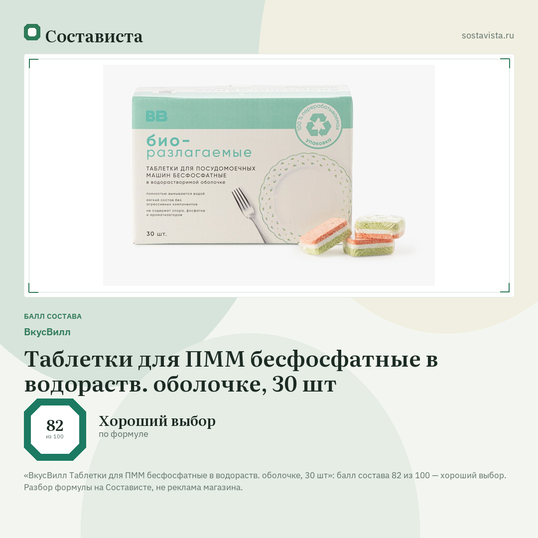 ВкусВилл Таблетки для ПММ бесфосфатные в водораств. оболочке, 30 шт: балл состава 82 из 100 — Состависта