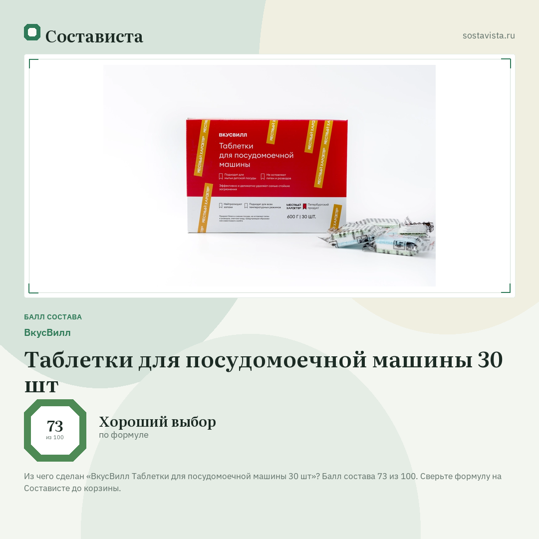 ВкусВилл Таблетки для посудомоечной машины 30 шт: балл состава 73 из 100 — Состависта
