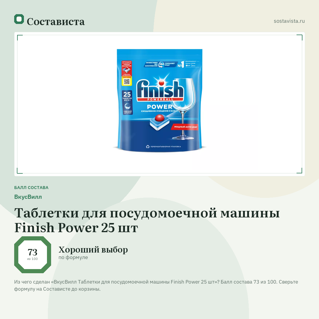 ВкусВилл Таблетки для посудомоечной машины Finish Power 25 шт: балл состава 73 из 100 — Состависта