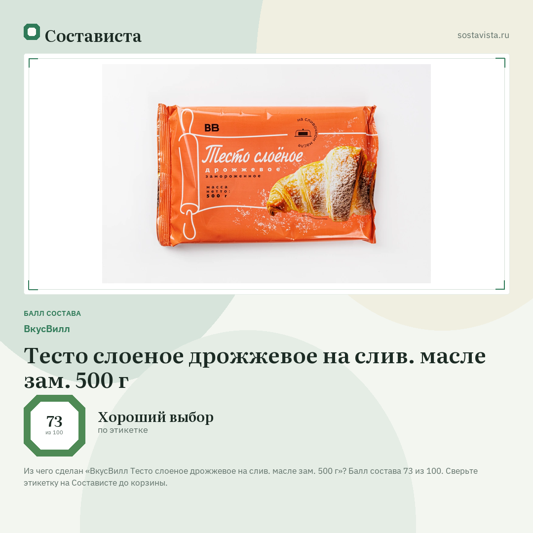 ВкусВилл Тесто слоеное дрожжевое на слив. масле зам. 500 г: балл состава 73 из 100 — Состависта