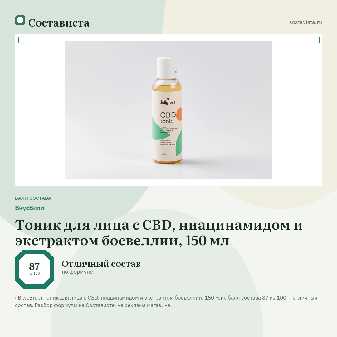 ВкусВилл Тоник для лица c CBD, ниацинамидом и экстрактом босвеллии, 150 мл: балл состава 87 из 100 — Состависта