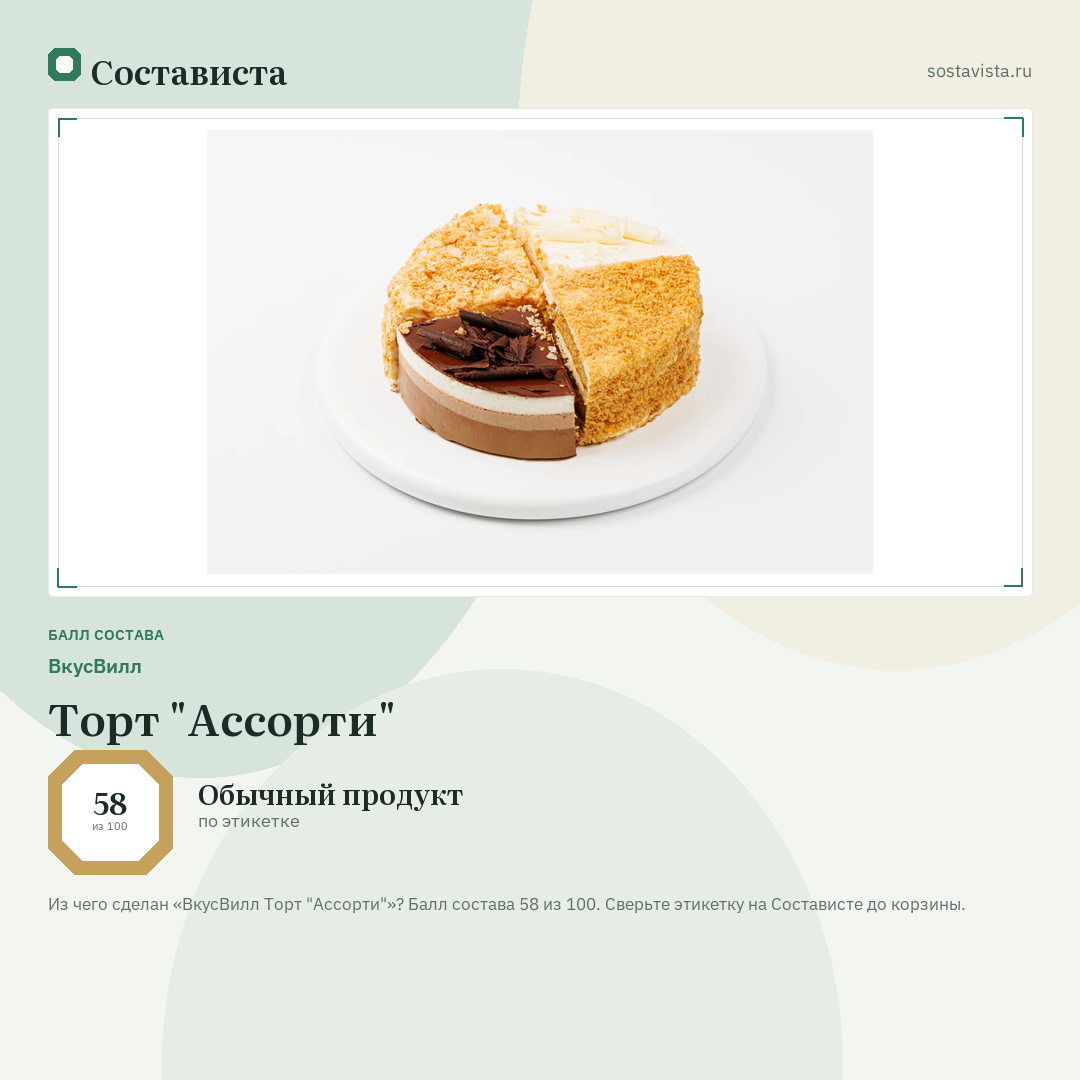ВкусВилл Торт "Ассорти": балл состава 58 из 100 — Состависта