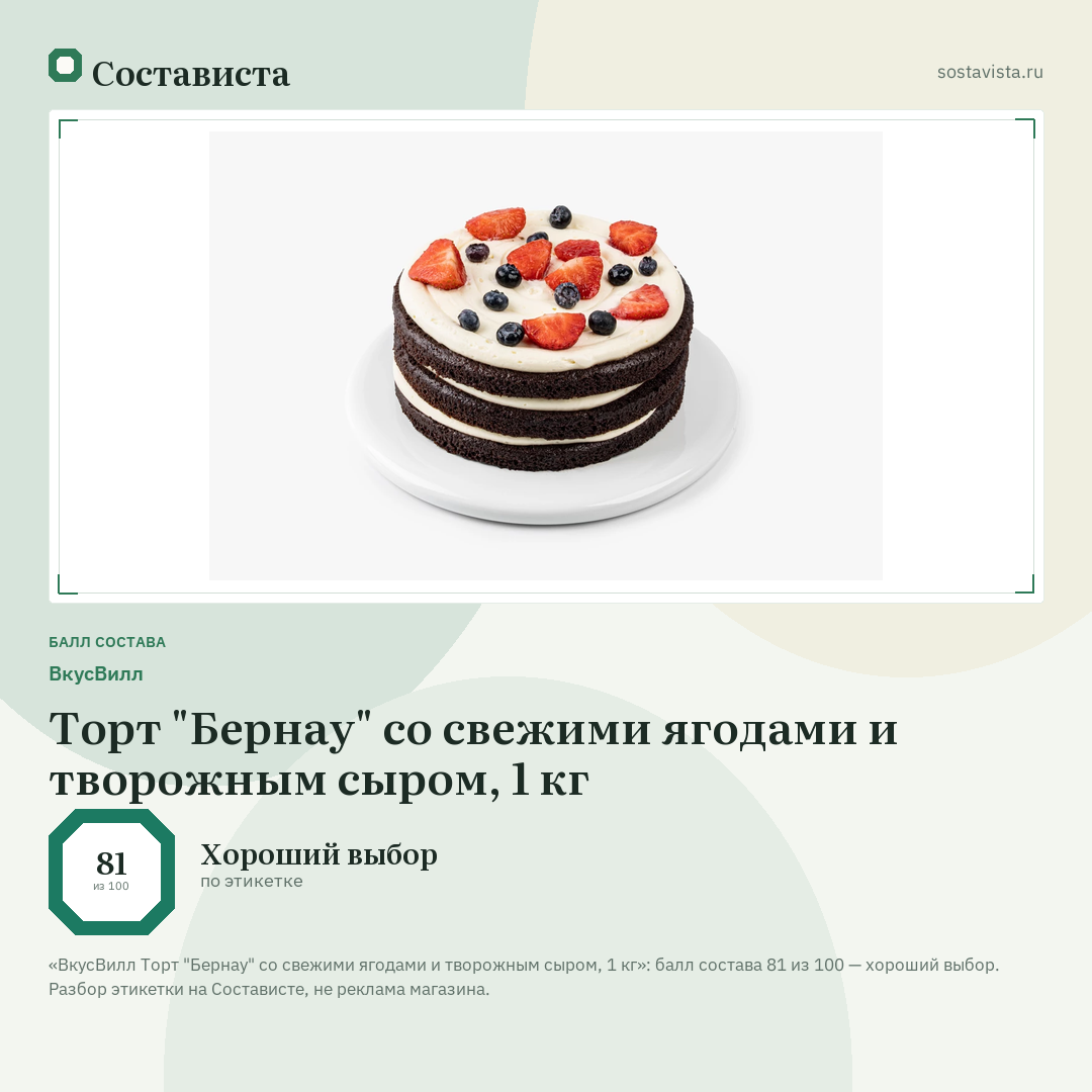 ВкусВилл Торт "Бернау" со свежими ягодами и творожным сыром, 1 кг: балл состава 81 из 100 — Состависта