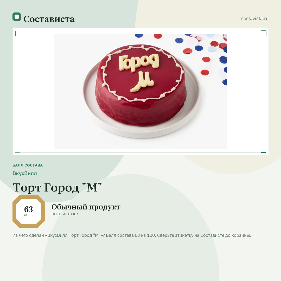 ВкусВилл Торт Город "М": балл состава 63 из 100 — Состависта